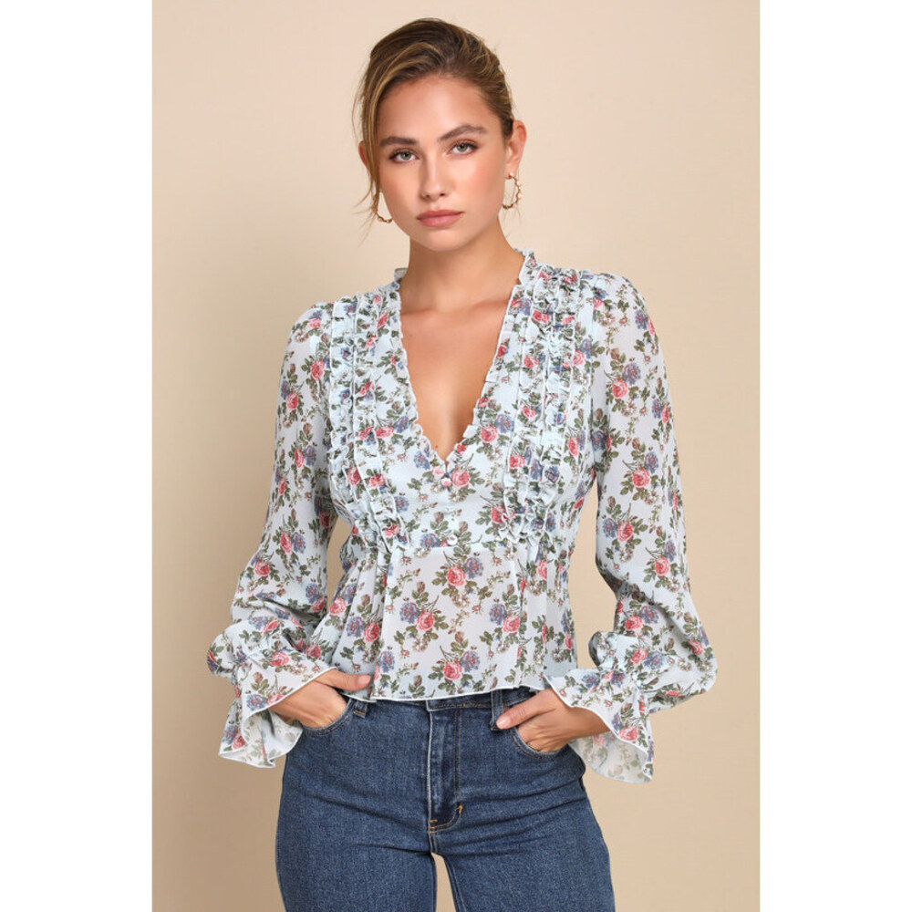 Lulus Undeniably Darling Light Blue Floral Chiffon Balloon Sleeve Top - Size S